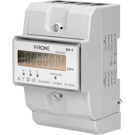 Virone EM-3 - Contador digital de corriente alterna (80 A, 4.3 módulos, DIN TH-35 mm)