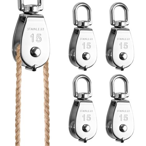Satz mit 4 M15-Heberollen, Rollen aus Edelstahl 201, 360° drehbare Edelstahlrollen, Seilrollen, Umlenkrollen aus Stahl, maximale Traglast: 35 kg, für den Innen- und Außenbereich
