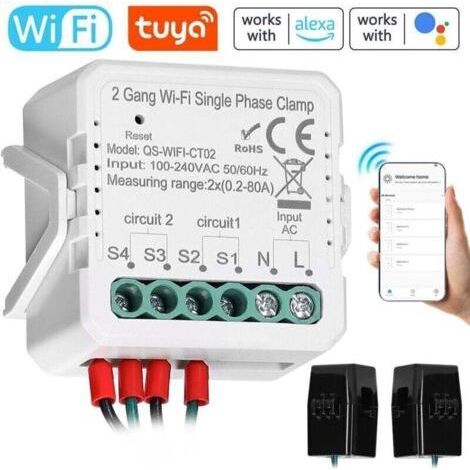 Tuya WiFi 2 Gang 80A Monofase Morsetto per pannelli solari fotovoltaici Misuratore di energia bidirezionale Controllo tramite app mobile Trasformatore di corrente Timer di programmazione Dispositivo d (1/4)