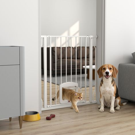 Cancelletto di sicurezza per cani con porticina piccola per scale e porte, 75-85 cm, con doppio meccanismo di chiusura, bianco.