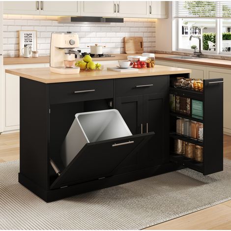 REDOM - Isola da cucina 120x70x93 cm, piano ribaltabile, vano per rifiuti, ripiano per spezie a 4 livelli, MDF nero (1/5)
