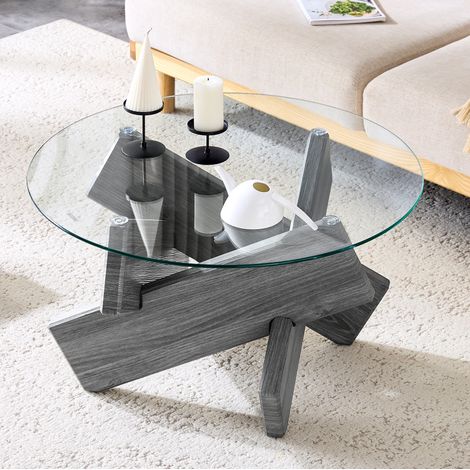 Table basse ronde 79 cm de diamètre, plateau en verre trempé 0.8 cm, support croisé, MDF gris et verre transparent (1/5)