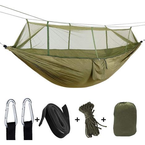 Hamac de camping avec moustiquaire portable balançoire simple double camping léger en plein air voyage Hamac pour le camping, la randonnée randonnée à dos, vert militaire, Green sky (1/5)