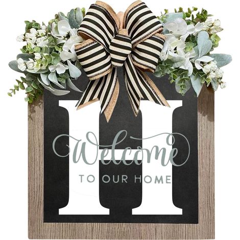 Wreath - Wooden Last Name Front Door Wreath - 16 Inch - All Seasons Outdoor Decoration - With Hanging Ribbon - 1 Piece (1/4)