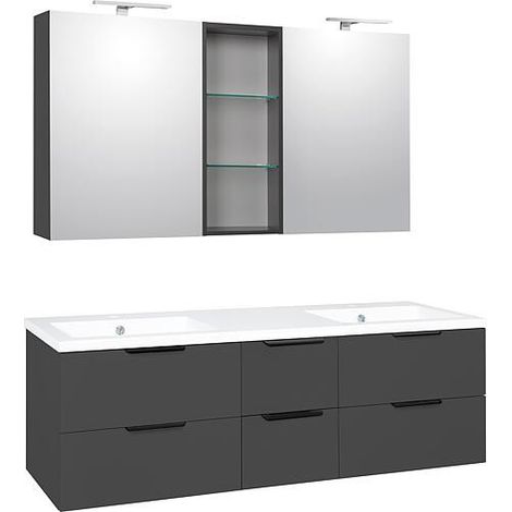 Ensemble meubles de salle de bain LOSSA avec Armoire à glace LED anthracite brillant et meuble sous-vasque largeur 1550 mm (1/5)