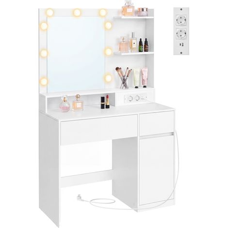 Coiffeuse avec Miroir, Table de Maquillage, 1 Tiroir, Étagères Réglables, Rangement, Chambre, Blanc (1/5)