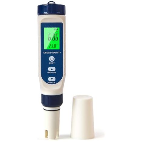 Medidor de pH para agua, medidor de pH/salinidad/CE/TDS/temperatura multifuncional, medidor de pH con compensación automática de temperatura, adecuado para agua potable, piscinas, hidroponía, spas. (1/5)
