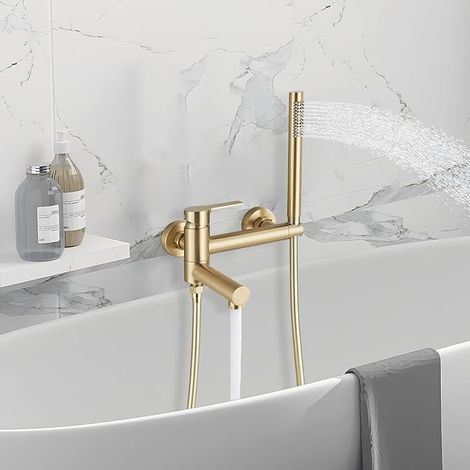 Wall-Mounted Brushed Gold 2-Function Single-Lever Shower Mixer Tap with 90° Rotatable Spout Stainless Steel (1/5)