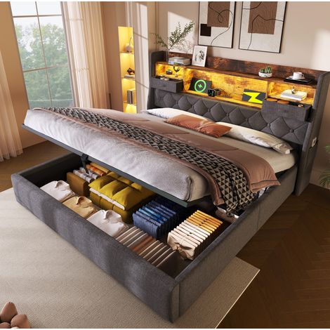 REDOM - Lit double 140x190 cm avec rangement hydraulique et LED, lin gris (Sans matelas)