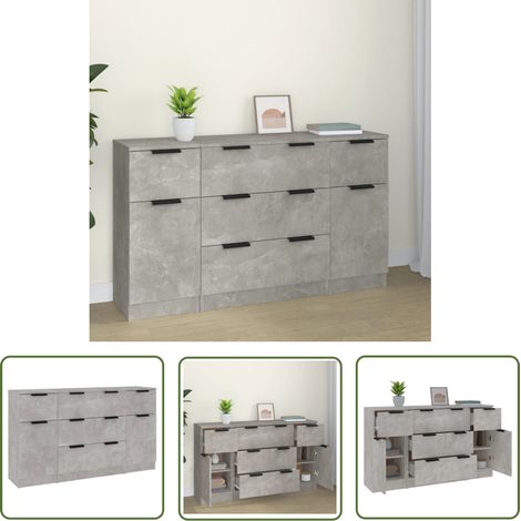 The Living Store Ensemble de buffets 3 pcs Gris béton Bois d'ingénierie - Meubles De Rangement - Buffet - Meuble Tv - Design Minimaliste - Mobilier Gris (1/5)