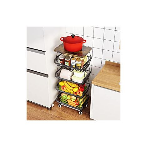 Hofuton Corbeille à Fruits avec Roulettes, Organiseur de Fruits Coulissant, Panier de Rangement de Légumes en Métal à 5 Niveaux, Chariot à Fruits et Légumes, Noir (1/5)