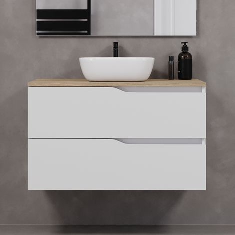 Meuble de salle de bain 90cm avec plateau miel et vasque à poser zeus - 2 tiroirs - sans miroir - blanc - LUNA (1/5)