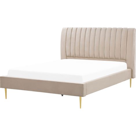 Letto imbottito velluto beige sabbia e oro rete a doghe testiera alta 180 x 200 cm Marville