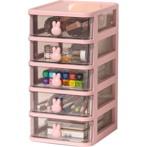 Beyamis Boîte rangement lapin rose 5 niveaux – 13,4x17x26cm, transparent grande capacité, bureau (1/5)
