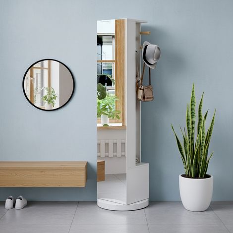 Mueble recibidor giratorio con espejo de cuerpo entero 160x35 cm, perchero, barra para ropa y 2 cajones, blanco (1/5)
