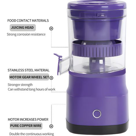 Ortviai Presse-agrumes électrique sans fil rechargeable USB, rendement 99 %, 45 W, capacité 140 ml, couleur violet (1/4)