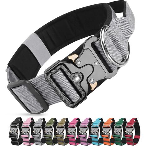 Collier de Chien Tactique, Militaire Collier Réglable Nylon Chien avec Poignée, Colliers pour Chiens Rembourré avec Boucle en Métal pour Chiens de Taille Moyenne Grand Entraînement (Gris, M) (1/5)