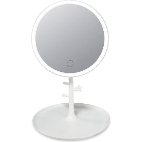 Miroir de maquillage avec lumière LED, miroir de table portable rechargeable à luminosité réglable par simple pression et 3 couleurs (rond) (1/4)