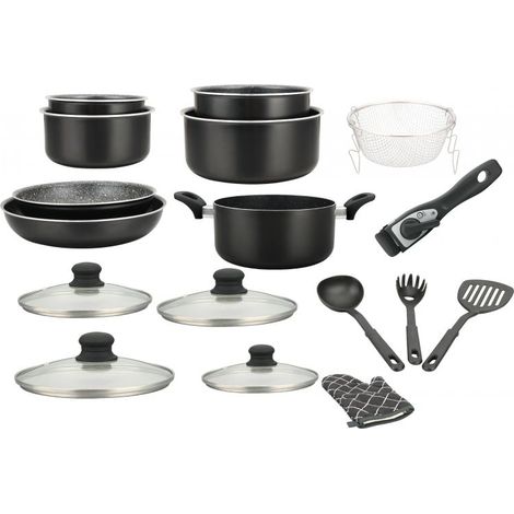 Batterie de cuisine revêtement pierre avec manche amovible 17 pièces noir Herzberg HG8055-BLK (1/5)