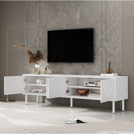 Mobile TV 180x40x52 cm con 4 scomparti e passacavi, bianco opaco, pannelli in legno FloraGrace (1/5)
