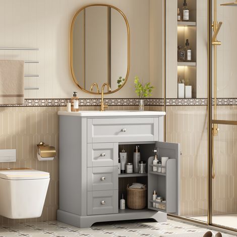 Meuble-lavabo sur pied gris 76x46x87 cm avec vasque, armoire salle de bain laquée hydrofuge, tiroirs à amortisseurs, étagères intégrées, rabat et tablette ajustable. (1/5)