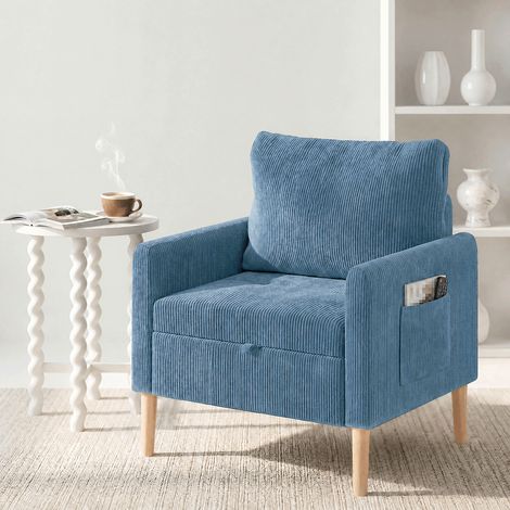 Fabulcozy Multifunktionaler Cord-Sessel mit Stauraum, Taschen an den Armlehnen und abnehmbarem Kissen für Wohnzimmer, Schlafzimmer, Zuhause, Blau (1/5)
