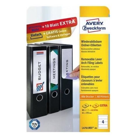 Avery Zweckform L4761 Papier adhésif amovible blanc 61 x 192 mm 80 étiquette(s) (20 feuille(s) x 4) étiquettes de dossiers… (1/3)