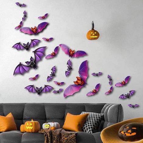 Set mit 24 realistischen und gruseligen 3D-Fledermausaufklebern für Halloween: DIY-Wanddekoration für Zuhause, Badezimmer und Innenräume, Halloween-Partyartikel. (1/5)