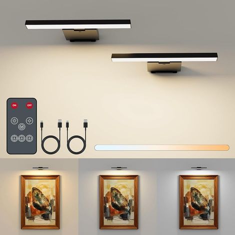 Applique Murale pour Tableau Rechargeable Sans Fil, Lot de 2, Lampe LED avec Télécommande, Batterie 6000mAh, 3 Températures de Couleur, 5 Modes d'Éclairage, pour Cadres, Photos, Salon, Galerie (1/5)