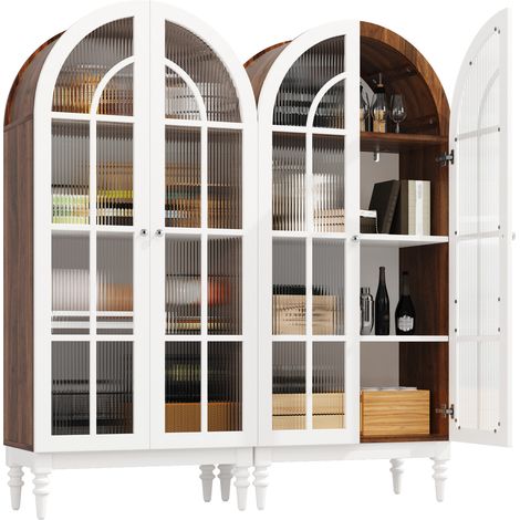 Buffet haut avec portes en verre et design arqué, meuble de rangement pour cuisine et salon, structure en métal et MDF, blanc et marron - 2 pièces (1/5)