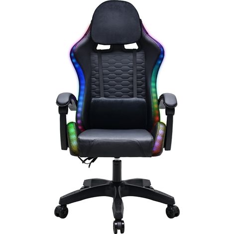Chaise Gaming LED RGB - Fauteuil Inclinable, Confortable avec Appui-tête et Accoudoirs Intégrés - Fauteuil Gamer à Dossier Ergonomique, Coussin Dorsal, Hauteur Ajustable - Noire (1/5)
