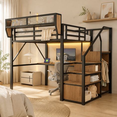 Hochbett 140 x 200 cm mit Schreibtisch, LED, Sicherheitsleiter, schwarz OKMYHOME (1/5)