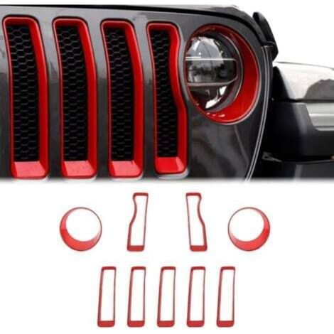 9 pcs pour Wrangler JL Grille avant en maille Insertion de couvercle de phare Garniture pour Jeep Wrangler JL JLU 2018-2022 Rouge Accessoires extérieurs.
