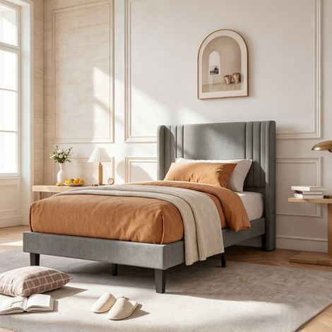 Lit double rembourré 160x200 cm – Cadre en bois et métal – Sommier à lattes – adapté aux adultes et adolescents, gris (1/5)