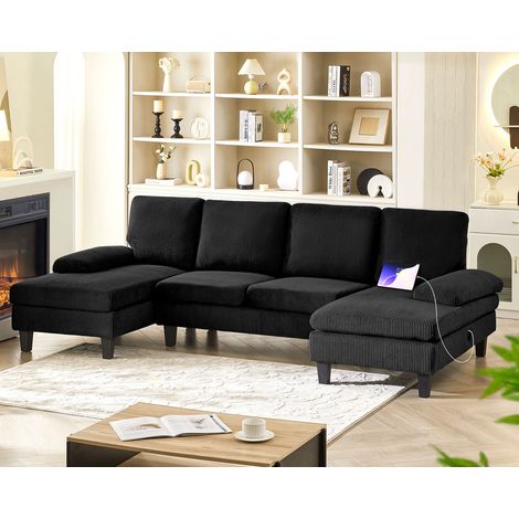 U-Shaped Sectional Sofa, 4 Seater Sofa Bed with 2 Chaise Lounges & Charging Station, Chenille Fabric Upholstered Sofa Set for Home Furniture Black (1/5)