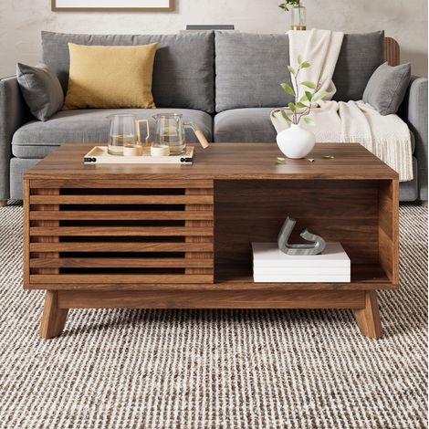 Mesa de centro 90x55x57.5 cm nogal MDF con tablero elevable y puerta corredera tipo persiana (1/5)