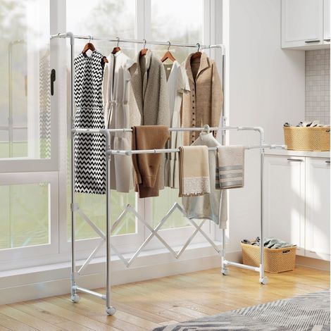 Etendoir pliable en acier inoxydable argent avec 3 barres extensibles, 50 x 6 x 150 cm, sur roulettes pivotantes 360° (1/5)