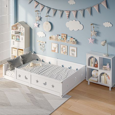 Lit au Sol 120x200 cm, Lit Enfant au Sol avec Barriere, lit Montessori, Blanc (1/5)