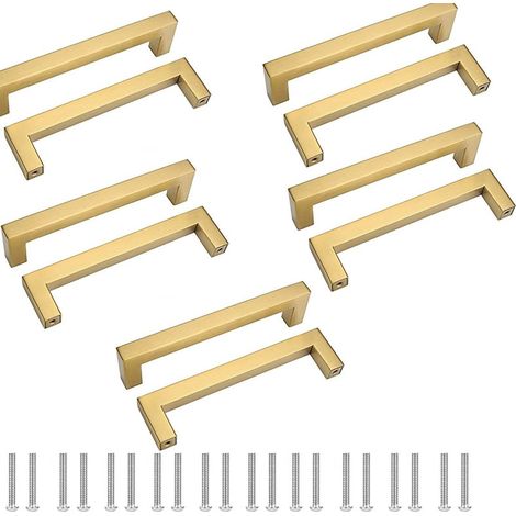 Küchenschubladengriff-Set (10-teilig), Schranktürbeschläge aus gebürstetem Messing, quadratische Griffe aus Edelstahl (1/4)