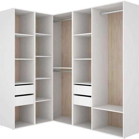 Vestidor de rincón Reus 4 cajones, estantes y trasera reversible en blanco/natural, 204.5cm(alto) 124cm(ancho) 186.3cm(fondo).
