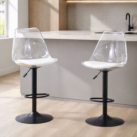 DESMIU Tabouret de bar transparent 2 pièces avec hauteur réglable et rotation 360° en métal et plastique noir (1/5)