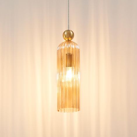 Goldene Hängelampe mit bernsteinfarbenem und gerilltem Glas - Leonora (1/5)