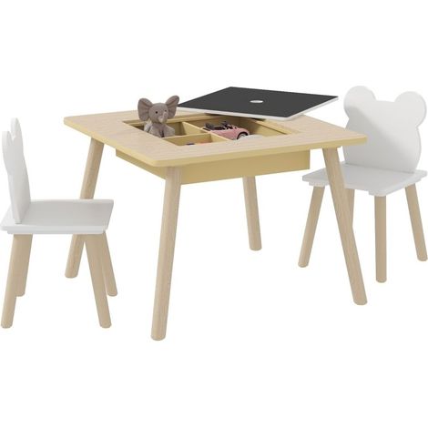 Table enfant en bois naturel avec 2 chaises à dossier ours, avec rangement, adaptée aux enfants de 3 à 6 ans (1/5)