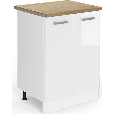 Küchenunterschrank R-Line, Weiß Hochglanz, 60 cm , AP Eiche, Vicco