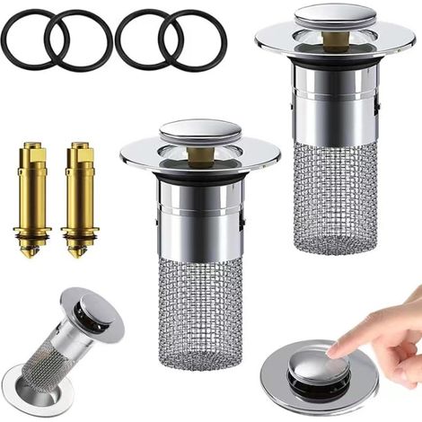 Bonde de lavabo Pop Up Universel Filtre de vidange en Bouchon de Anti-colmatage avec Crépine 2 pièces Acier Inoxydable (1/4)