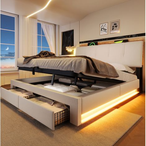 Letto imbottito moderno in lino beige 140x200 cm con testiera contenitore, USB/Type-C, LED e vano letto idraulico