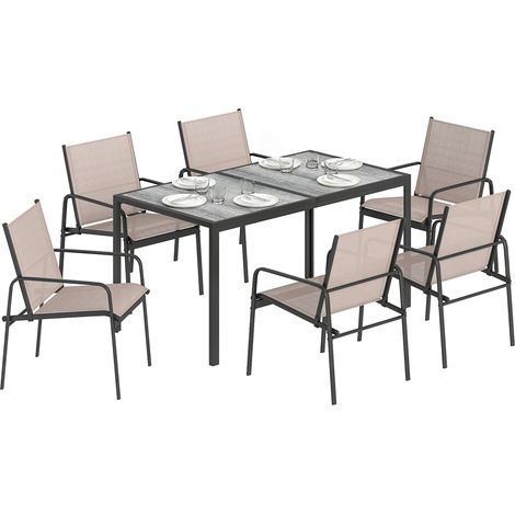 Outsunny conjunto de mesa y sillas jardín de 7 piezas con mesa de efecto madera, 6 sillas con asiento transpirable, marco de acero galvanizado, caqui (1/5)