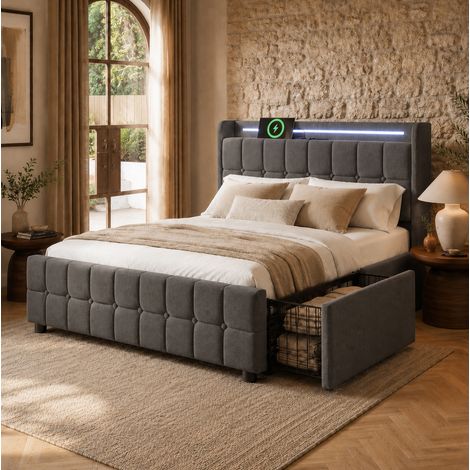 Cama doble tapizada con carga USB LED y 4 cajones gris OKMYHOME (1/5)
