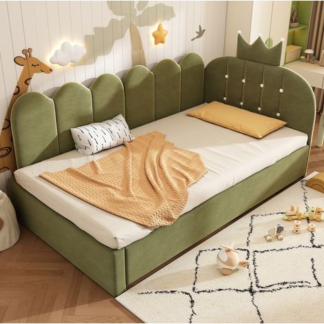 Cama dormitorio con nido y diseño corona juvenil verde HAVRYA (1/5)