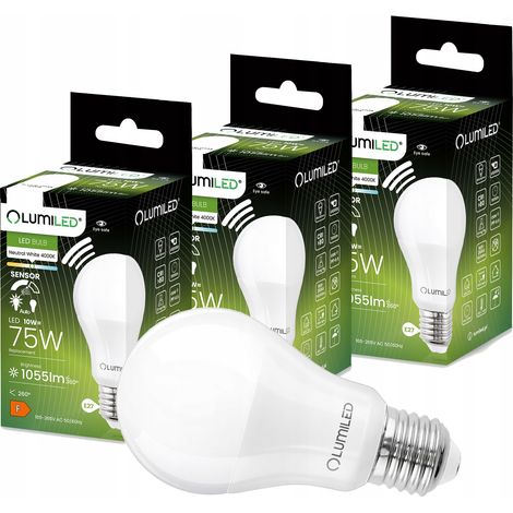 3x LED-Lampe E27 A60 10W = 75W 1055lm 4000K Neutralweiß 260° mit LUMILED-Bewegungsmelder